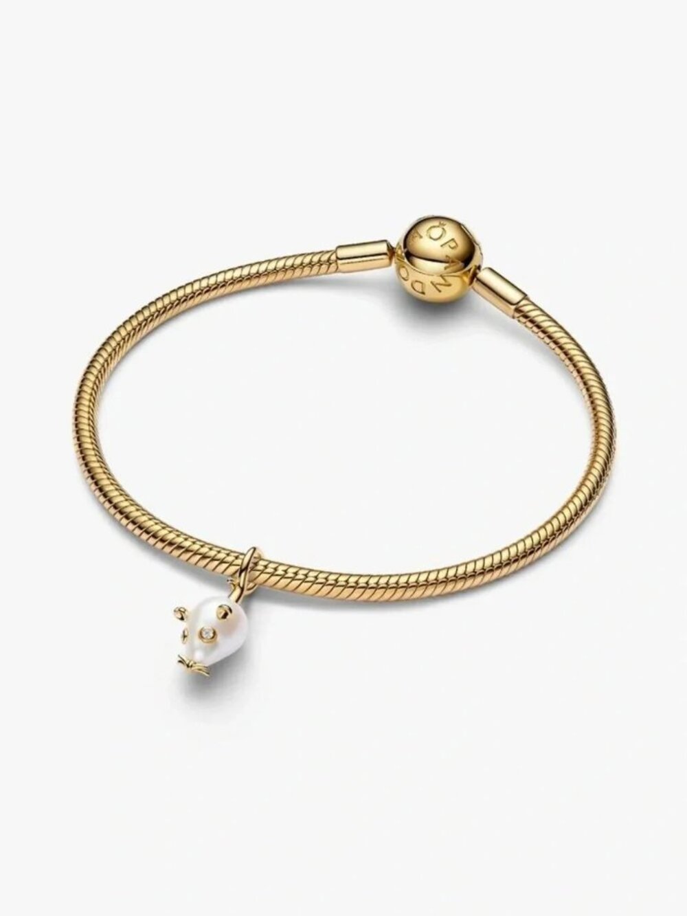 Pandora Gold Plated Snake Chain Bracelet with White Pearl Drop
